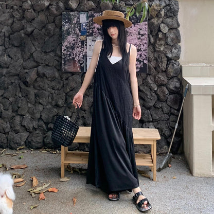 【ボトムス】ダークモード サロペット レディース 夏 ワイドパンツ ゆったり 体型カバー 切替デザイン オールインワン 人気 モード系【SHシリーズ】