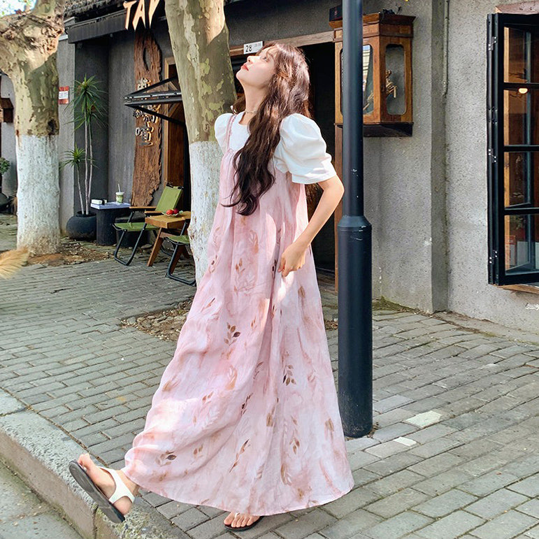 【ワンピース】夏 優しい風  水墨プリント ノースリーブワンピース【SHシリーズ】