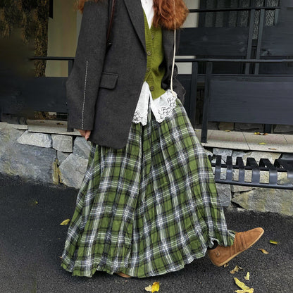 【ボトムス】2025秋冬新作 レディース チェック柄 ロングスカート グリーン 細見え 大人可愛い【SHシリーズ】
