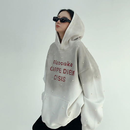 【トップス】小洒落デザイン ヴィンテージ風 グラデ刺繍＆ビーズ 裏起毛フード付きパーカー レディース【FCシリーズ】