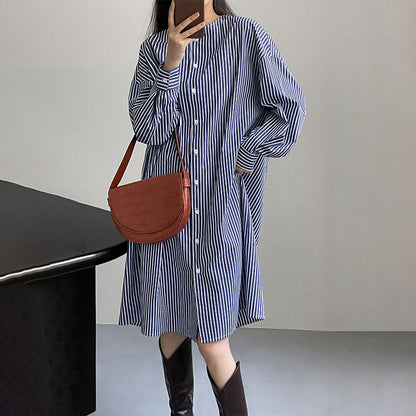 【24AW】【ワンピース】ミドル丈 ストライプ柄 ゆったり シャツ カーディガン 長袖ワンピース【JZシリーズ】