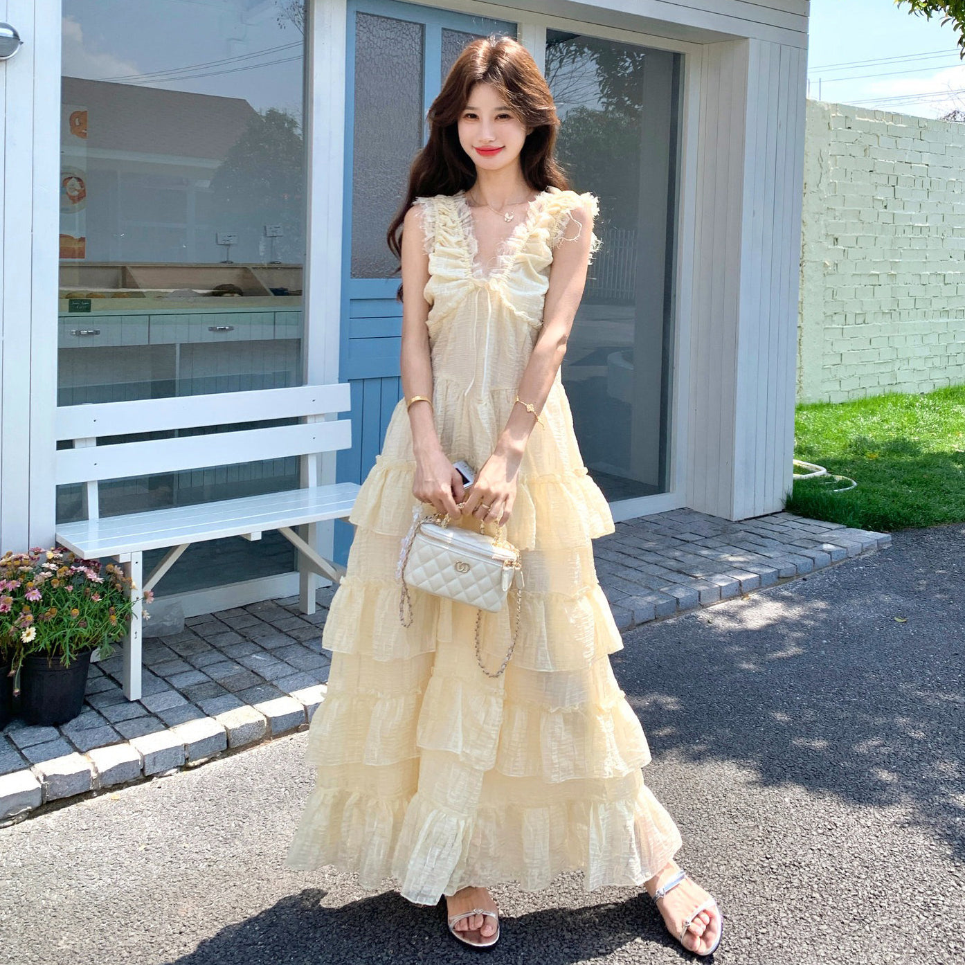 【ワンピース】夏新作 ノースリーブ ティアードワンピース ミルク系 やさしい雰囲気 若見え ロングドレス【SHシリーズ】