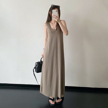 【ワンピース】夏新作 レイヤードデザイン ノースリーブ ワンピース 大きめクルーネック リゾート 旅行 ロングドレス【FCシリーズ】