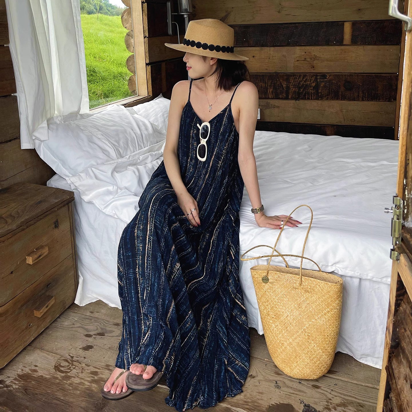 【ワンピース】レトロ シフォンワンピース 夏 ノースリーブ ドレープ感  ゆったり 着痩せ リゾートドレス【SHシリーズ】