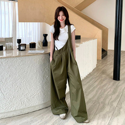 【ボトムス】韓国風 ミリタリーグリーン サロペット レディース ワイドパンツ ゆったり ハイウエスト 体型カバー リラックスコーデ 夏 オールインワン【JZシリーズ】