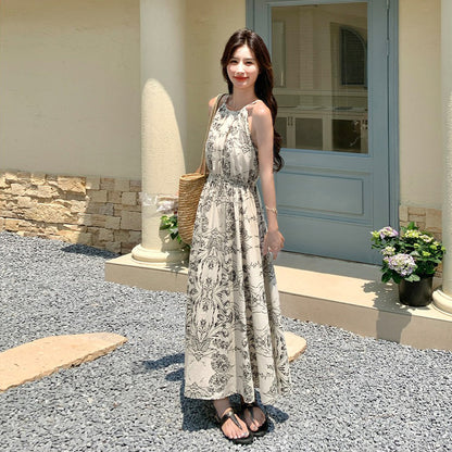 【ワンピース】フレンチ高級感 水墨画風プリント ホルターオフショル ノースリーブワンピース【SHシリーズ】