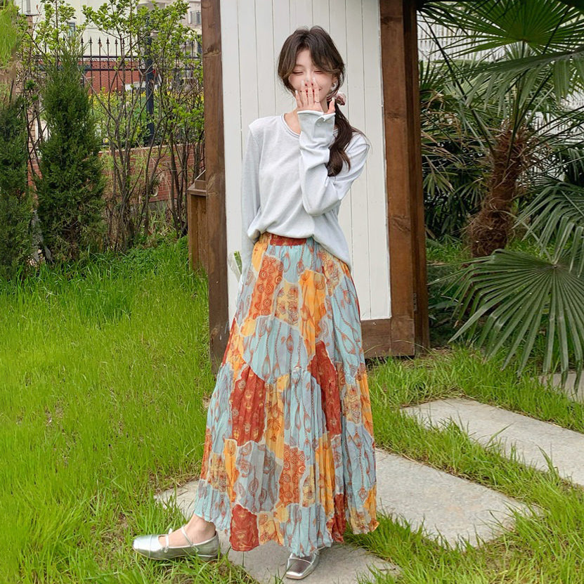 【セットアップ】花柄トップス＆スカート 上下セット レディース 体型カバー おしゃれ OOTD 上品セット【SHシリーズ】