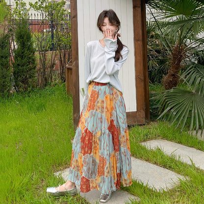 【セットアップ】花柄トップス＆スカート 上下セット レディース 体型カバー おしゃれ OOTD 上品セット【SHシリーズ】