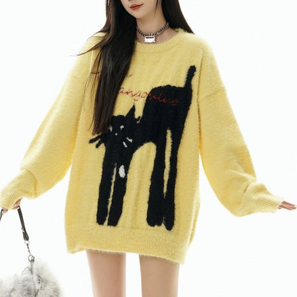 【トップス】猫モチーフ フェイクミンクニット レディース 秋冬 防寒 ゆったり カップル対応 プルオーバー【FCシリーズ】