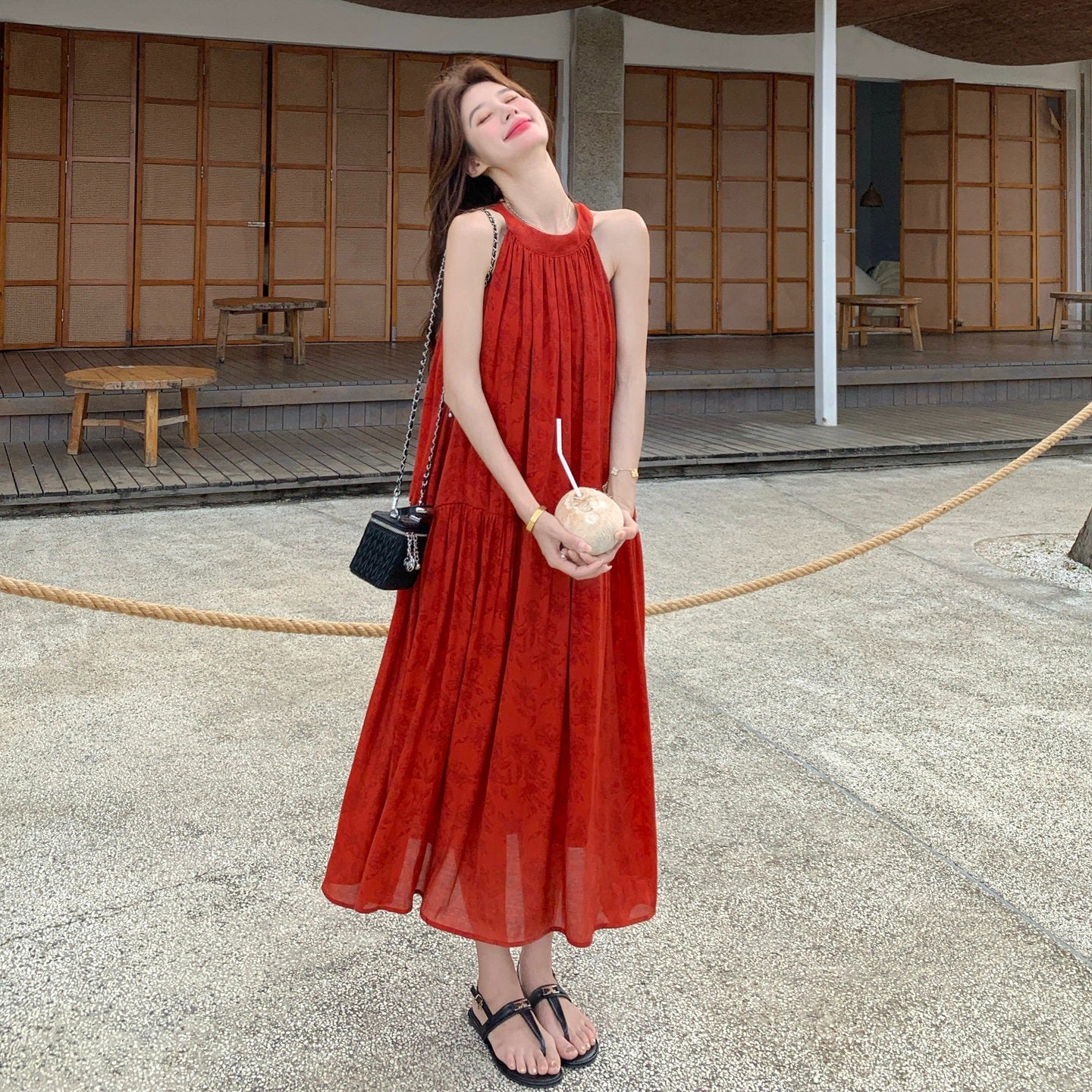 【ワンピース】夏新作 レッド ジャガード ホルターネック ワンピース オリエンタル レトロ 海辺 リゾート ロング丈【SHシリーズ】