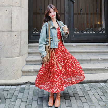 【セットアップ】ボヘミアン風 ウォッシュド加工 デニムジャケット＋ノースリーブワンピース 春秋 フレンチ 花柄 2点セット【SHシリーズ】
