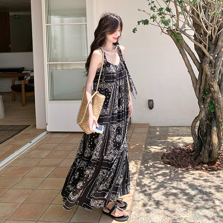 【ワンピース】夏 ブラック×エスニック風 大人上品ノースリーブ  キャミソールロングワンピース【SHシリーズ】