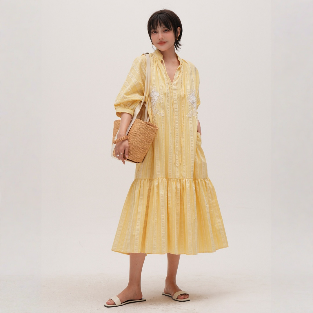 【ワンピース】Vネック レース バルーンスリーブ ロングワンピース 【JZシリーズ】