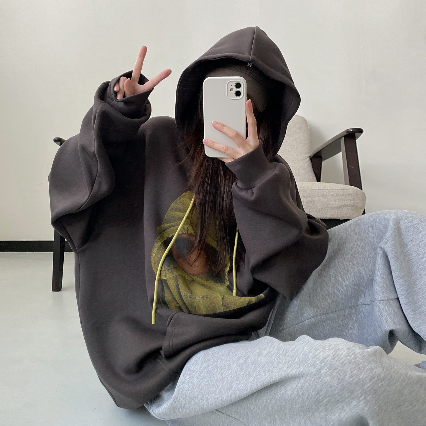 【トップス】ゆるシルエット グリーングレー カートゥーンプリント プルオーバーパーカー【FCシリーズ】