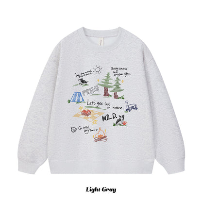 6カラー | S~3XL【トップス】アウトドアグラフィック 手描き風 デザイナーズシリーズ クルーネックスウェット 学院風 ゆったり パーカー【FCシリーズ】