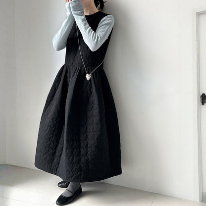 【ワンピース】春 秋 冬 厚手 中綿入り リボン付き ゆったり ロング ノースリーブ ワンピース【JZシリーズ】