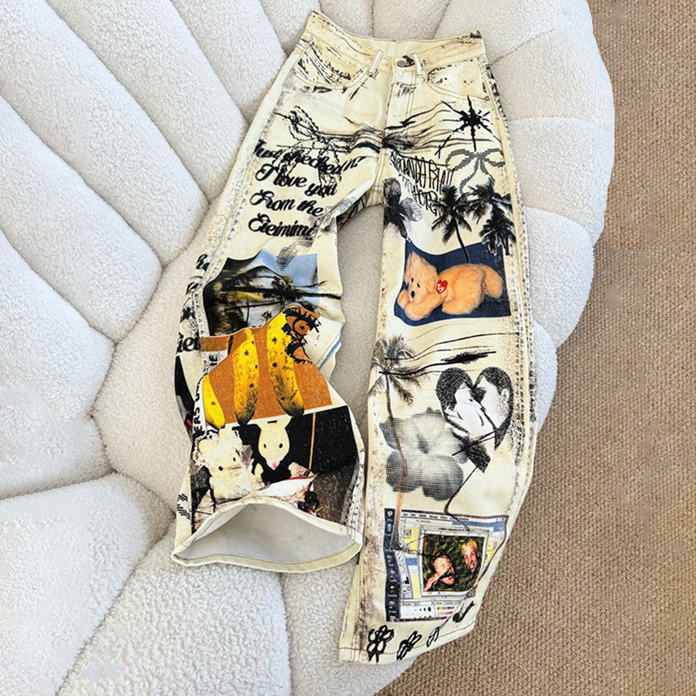 【ボトムス】アメリカンストリート ヴィンテージ加工 グラフィティプリント ウォッシュド ワイドデニムパンツ ユニセックス【SHシリーズ】