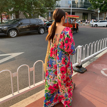 【ワンピース】超可愛い 春夏 ゆったり ロング丈  Vネック 背中あき 花柄 長袖ワンピース【SHシリーズ】