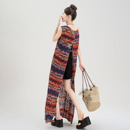 【ワンピース】夏新作 ストライプ柄 重ね着風 メッシュ切り替え バックスリット ゆったりノースリーブワンピース【SHシリーズ】