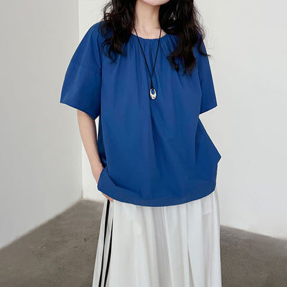【トップス】韓国風 夏新作 ギャザー×バックオープン デザイン感ラウンドネック半袖ブラウス【SNシリーズ】
