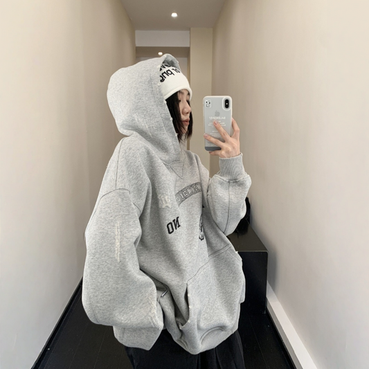 【トップス】リラックス感 ゆったりシルエット ダメージ加工 刺繍 春 秋 冬 フード付き パーカー 【FCシリーズ】