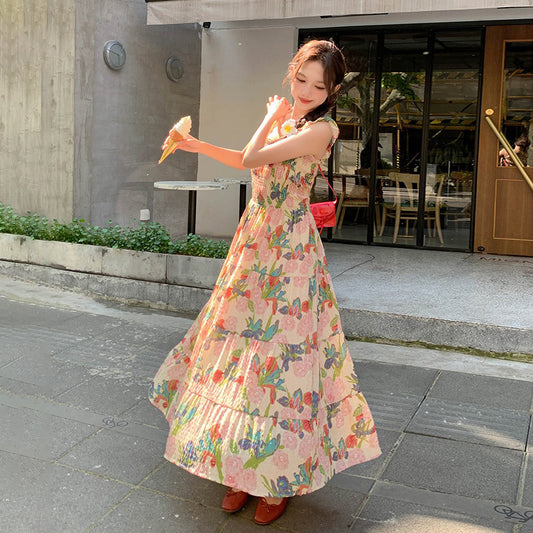 【ワンピース】夏 フレンチ風 スリム効果 ドーパミン 油絵プリント ノースリーブワンピース【SHシリーズ】