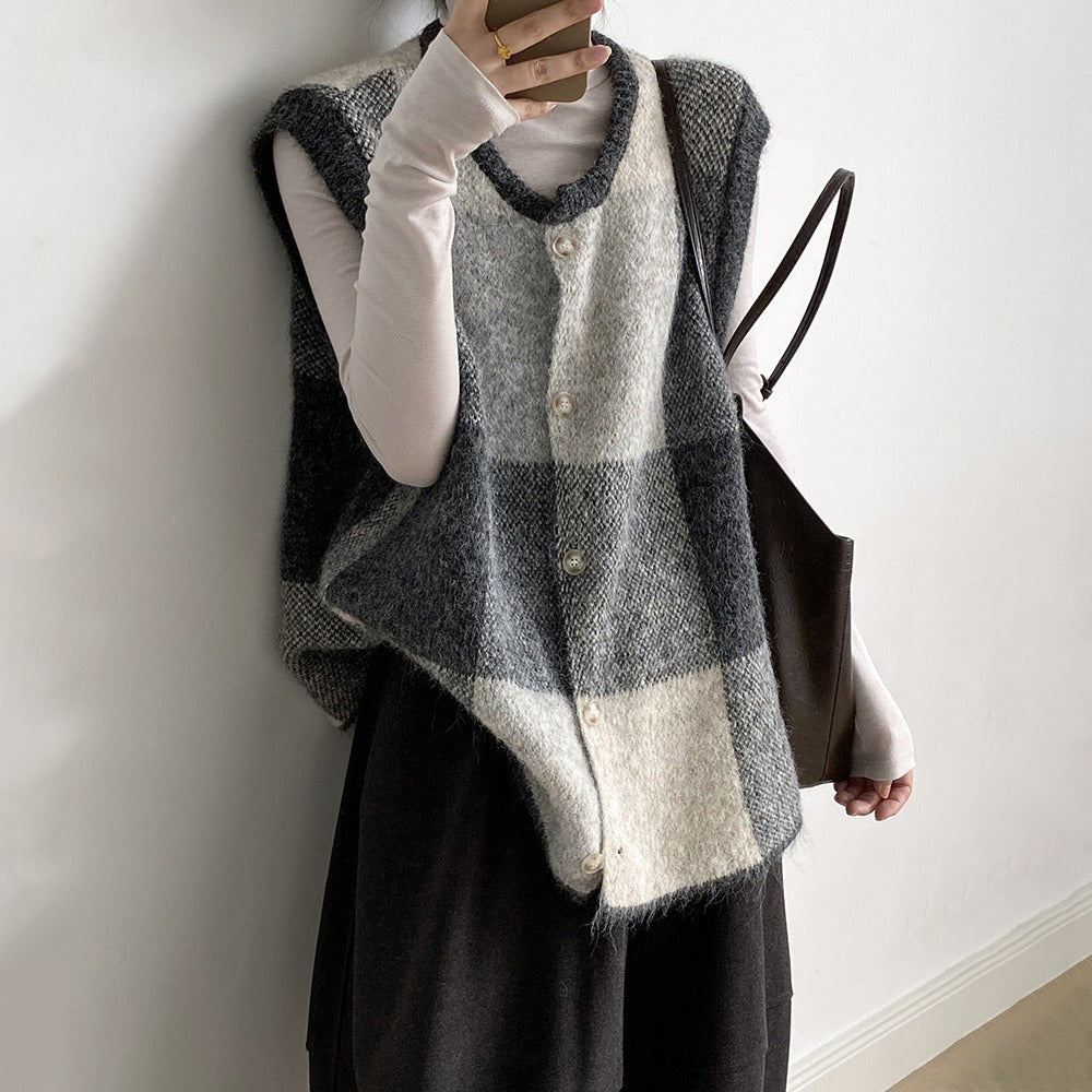 【トップス】レトロ 配色 チェック ニット ベスト レディース 秋 ゆったり クルーネック セーター【JZシリーズ】