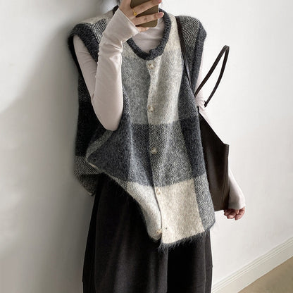 【トップス】レトロ 配色 チェック ニット ベスト レディース 秋 ゆったり クルーネック セーター【JZシリーズ】