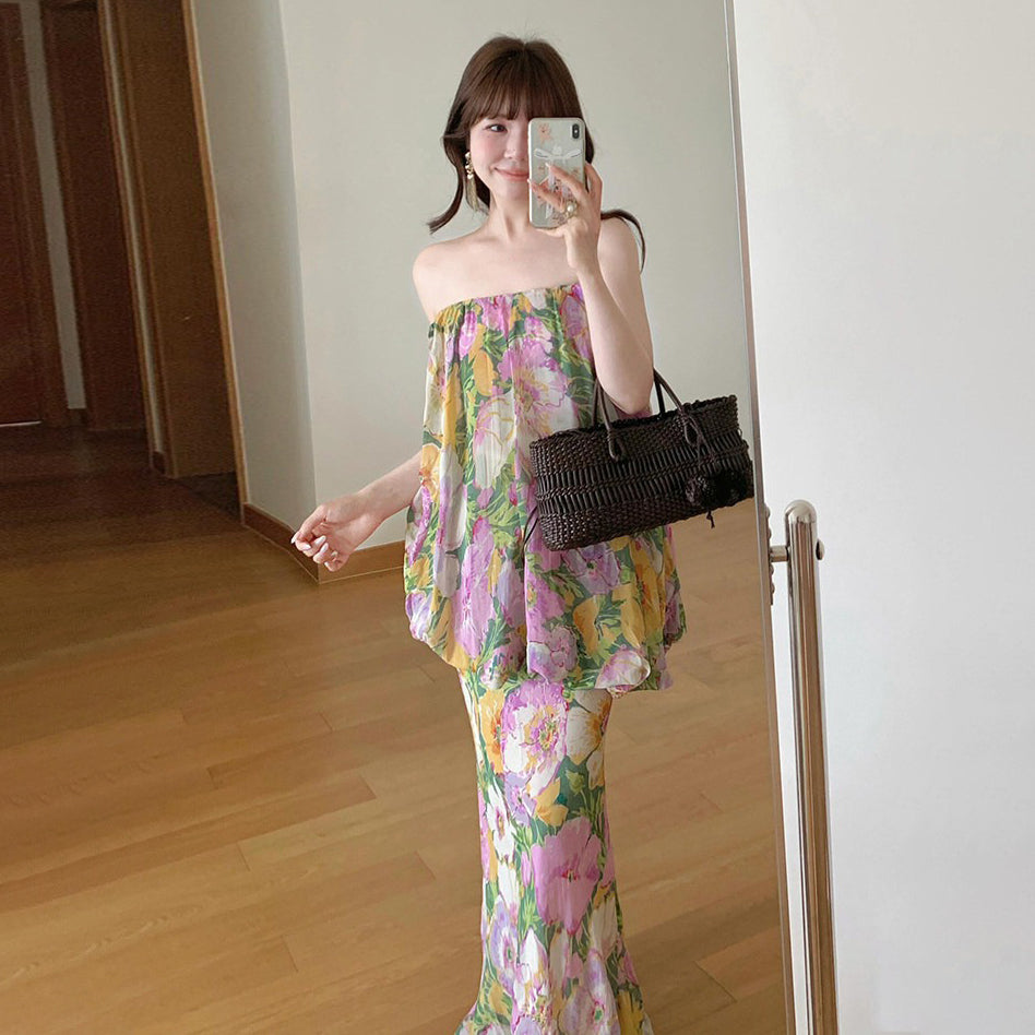 【ワンピース】【撮影用・映えドレス】花柄 オフショルダー ワンピース｜レイヤード風 ベアトップ ロング丈 ノースリーブ｜海辺 リゾート ビーチ【SHシリーズ】