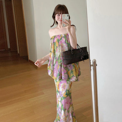 【ワンピース】【撮影用・映えドレス】花柄 オフショルダー ワンピース｜レイヤード風 ベアトップ ロング丈 ノースリーブ｜海辺 リゾート ビーチ【SHシリーズ】