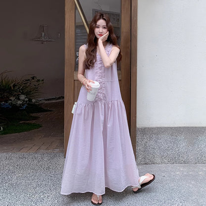 【ワンピース】フレンチ風ワンピース レディース ノースリーブ パープル フリル裾 ロング丈 マキシ丈 夏【JZシリーズ】