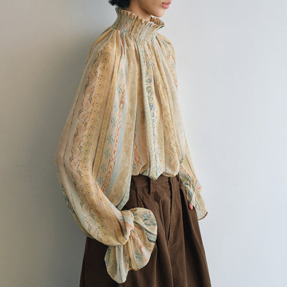 【トップス】新作 レディース ハイネック 花柄 シャーリング ブラウス フリル デザイン 春秋コーデ トレンド【SHシリーズ】