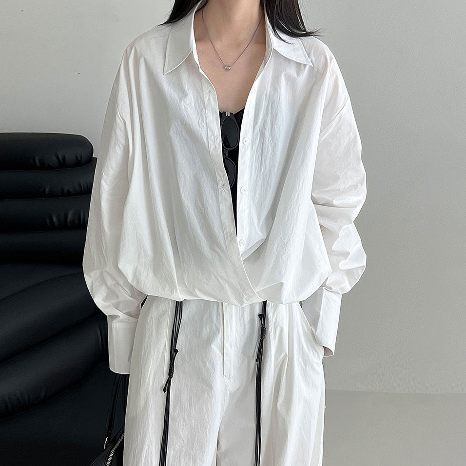 【トップス】韓国風 高品質 Vネック レイヤードシャツ レディース 秋 ゆるカジュアル デザイン感 裾ウエストマーク ブラウス【SNシリーズ】