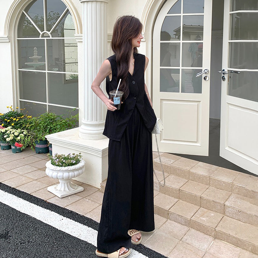 2点セット！【セットアップ】通勤＆デイリー兼用 バックレスデザイン ジレ＋ワイドパンツ 上下セット【JZシリーズ】【SNシリーズ】