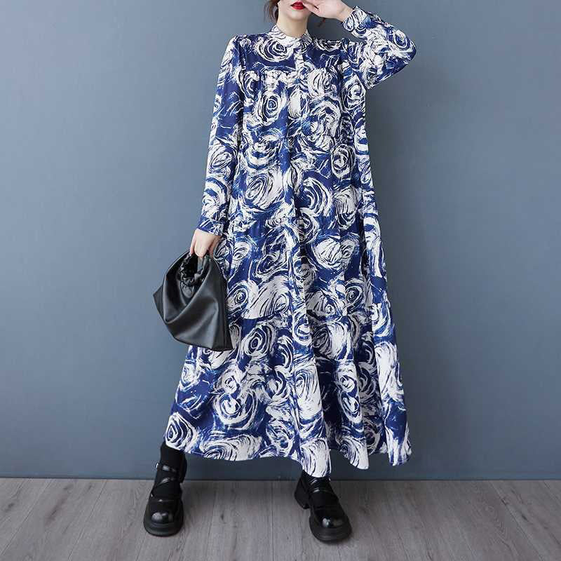 【ワンピース】韓国風 春秋新作 ゆったり大きめサイズ 体型カバー 花柄長袖ミディアムワンピース【SHシリーズ】