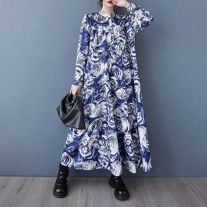 【ワンピース】韓国風 春秋新作 ゆったり大きめサイズ 体型カバー 花柄長袖ミディアムワンピース【SHシリーズ】