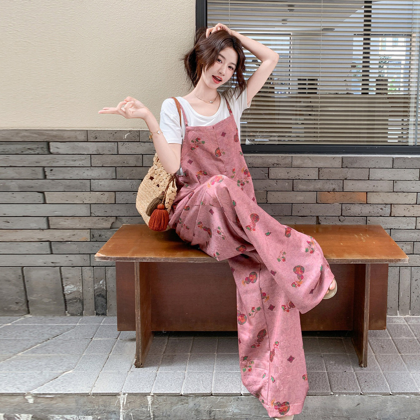 2点セット！【セットアップ】韓国風 サロペットセット レディース 夏 プリント柄 Tシャツ 上下セット カジュアル【SHシリーズ】