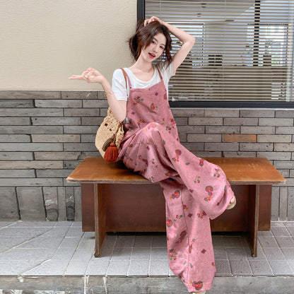 2点セット！【セットアップ】韓国風 サロペットセット レディース 夏 プリント柄 Tシャツ 上下セット カジュアル【SHシリーズ】