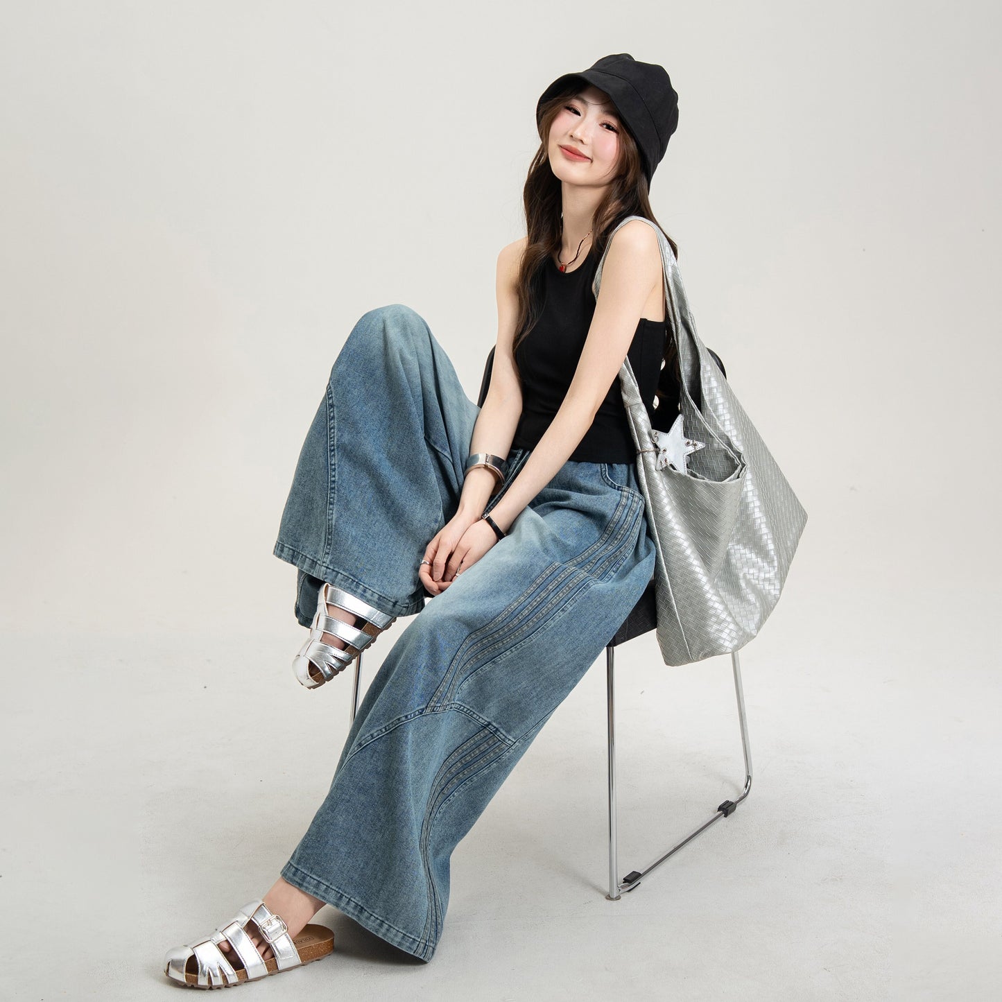 【ボトムス】ヴィンテージ デニムパンツ レディース ストライプ切替 ワイドシルエット ルーズフィット 春夏【JZシリーズ】