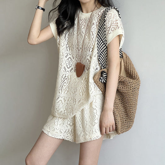 2点セット【セットアップ】カジュアルゆったりアイレット風 上下セットアップ 夏デザイン感あるクルーネックTシャツ＋ハイウエストショートパンツ【JZシリーズ】