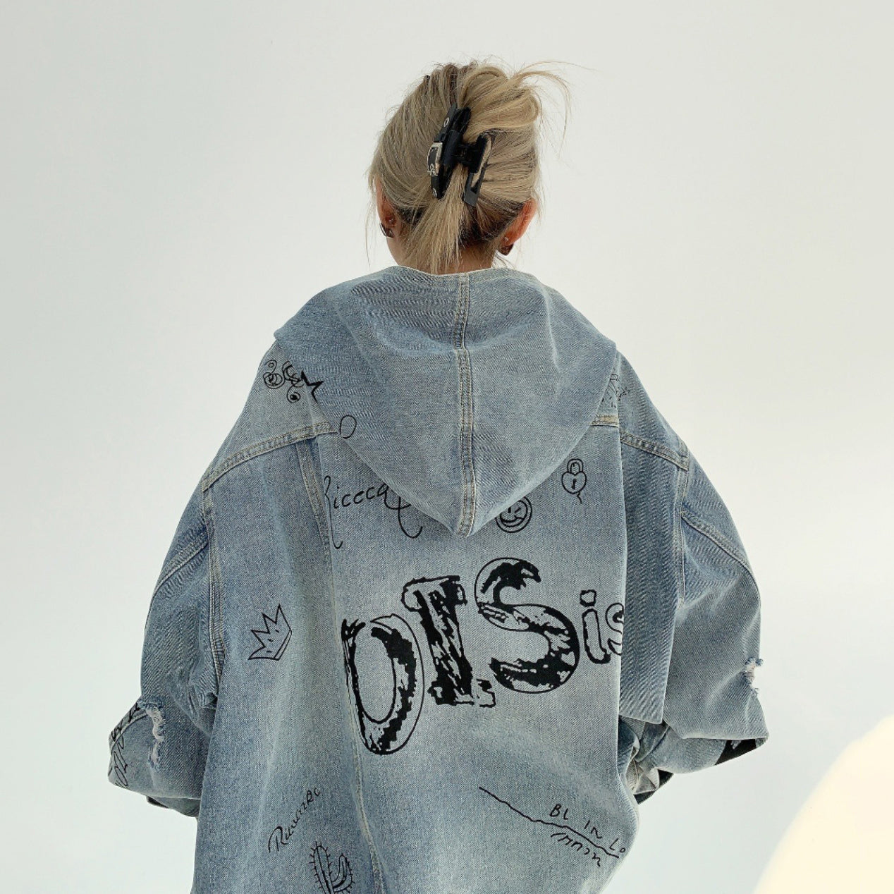 【アウター】春秋 アメリカン 小洒落 ヘビーウェイト カップルジャケット ゆったり レトロデザイン グラフィティ フード付きデニムジャケット【FCシリーズ】