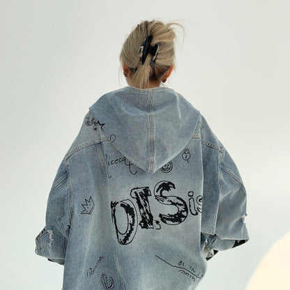 【アウター】春秋 アメリカン 小洒落 ヘビーウェイト カップルジャケット ゆったり レトロデザイン グラフィティ フード付きデニムジャケット【FCシリーズ】