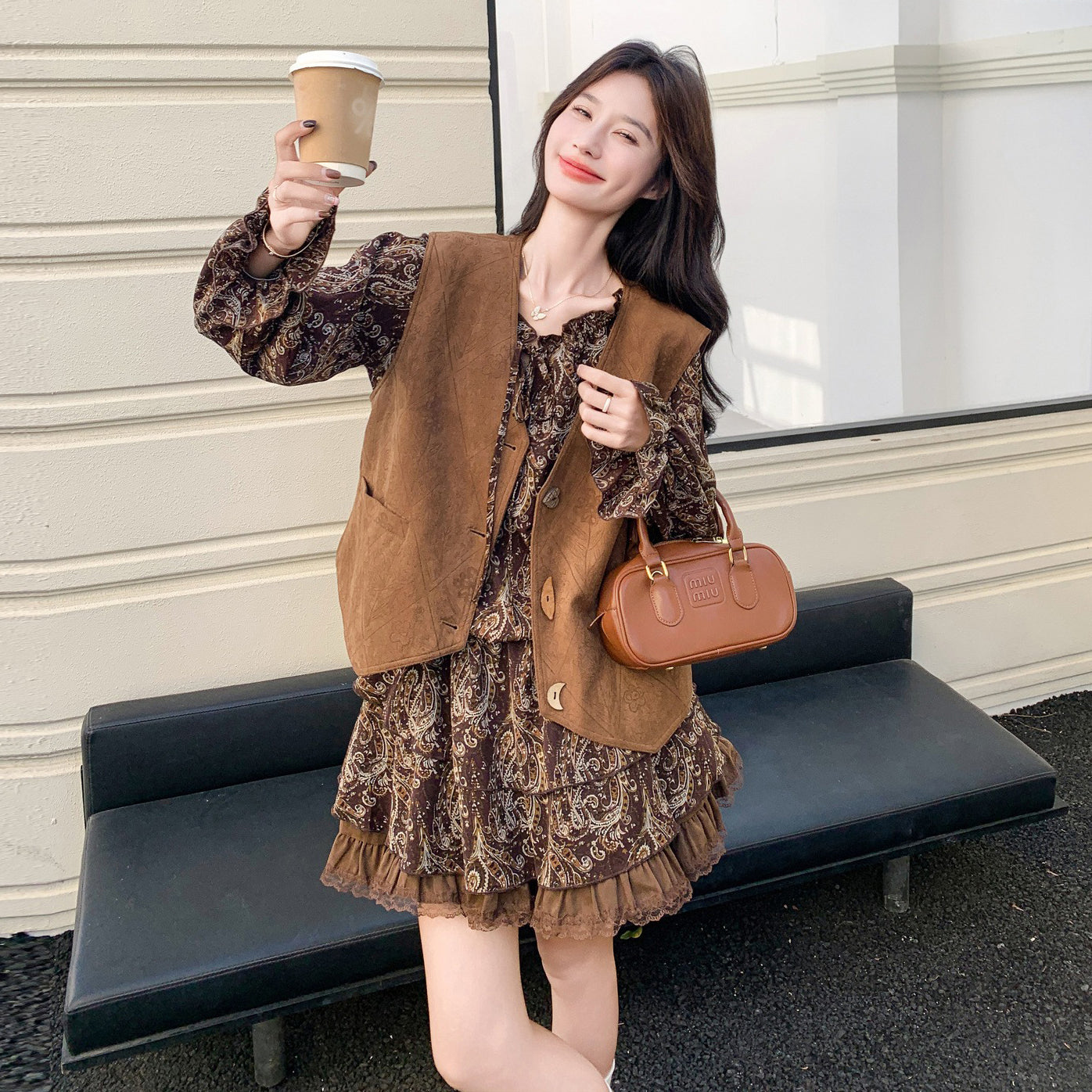 2点セット！【セットアップ】フレンチレトロ メラード 秋新作 おしゃれ  花柄 長袖ワンピース+ベスト セット【SHシリーズ】