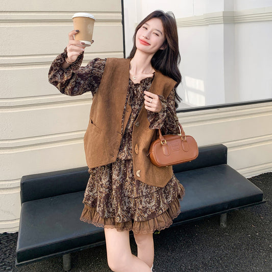 2点セット！【セットアップ】フレンチレトロ メラード 秋新作 おしゃれ  花柄 長袖ワンピース+ベスト セット【SHシリーズ】