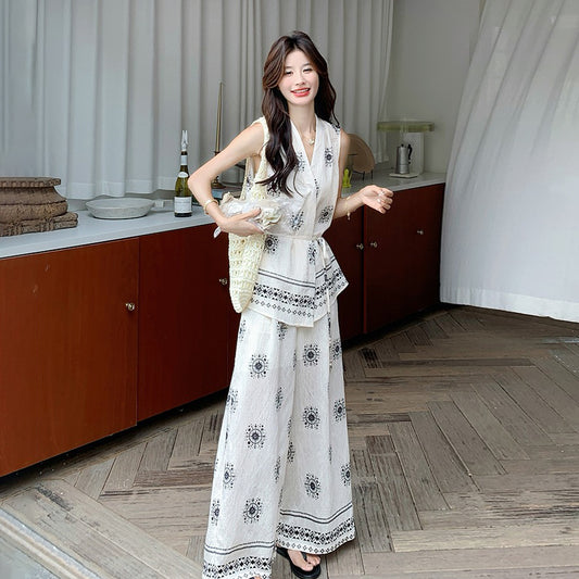 2点セット！【セットアップ】エスニック柄ベスト＋ワイドパンツ 上下セットアップ 韓国風 夏 レディースコーデ【SHシリーズ】