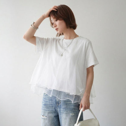 【トップス】Tシャツ 夏 シアー切替 メッシュ 立体デザイン クルーネック きれいめ 通勤 カジュアル【JZシリーズ】
