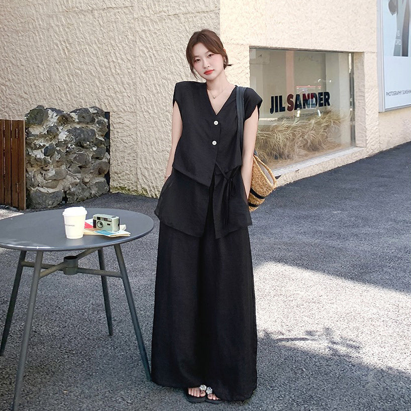 2点セット！【セットアップ】夏 韓国風 通勤 ブラックメッシュ切替 ベスト＋ワイドパンツ 上下セット【JZシリーズ】【SNシリーズ】
