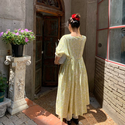 【ワンピース】夏 スクエアネック レトロ 花柄 大振裾 半袖 ワンピース【SHシリーズ】