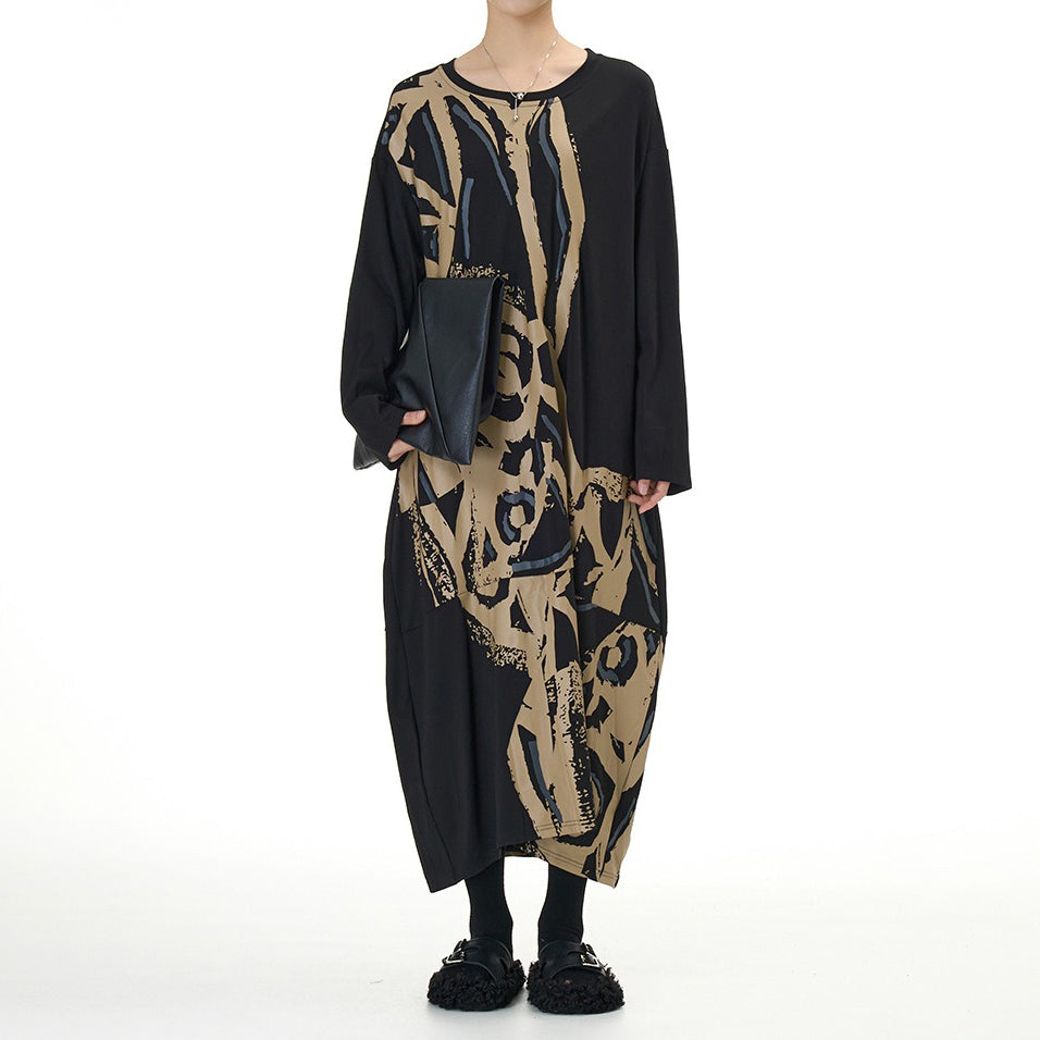 【ワンピース】ファッション 切替デザイン 長袖 プリントワンピース 春新作 大きいサイズ レディース ゆったり 体型カバー Aラインワンピース【SHシリーズ】