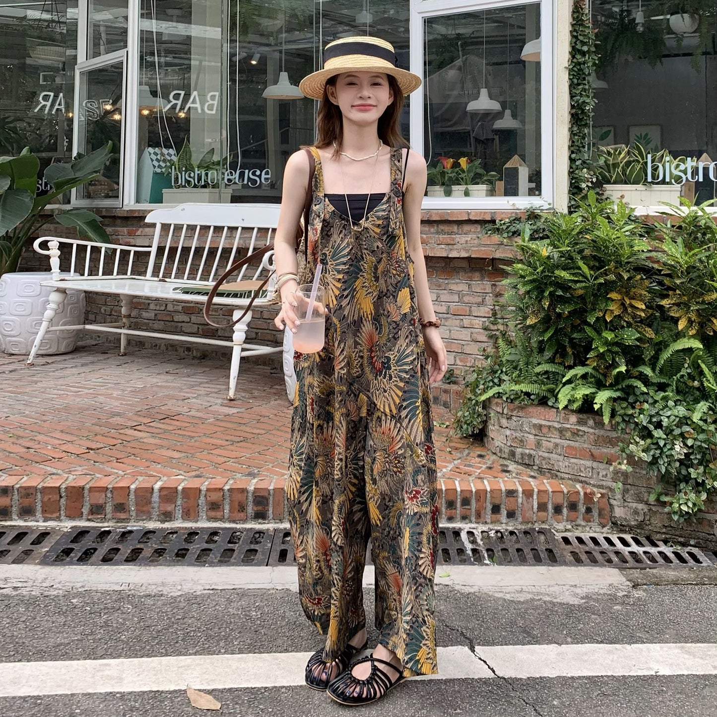 【ボトムス】夏新作 ゆったりルーズスタイル Vネック キャミサロペット オールインワン【SHシリーズ】